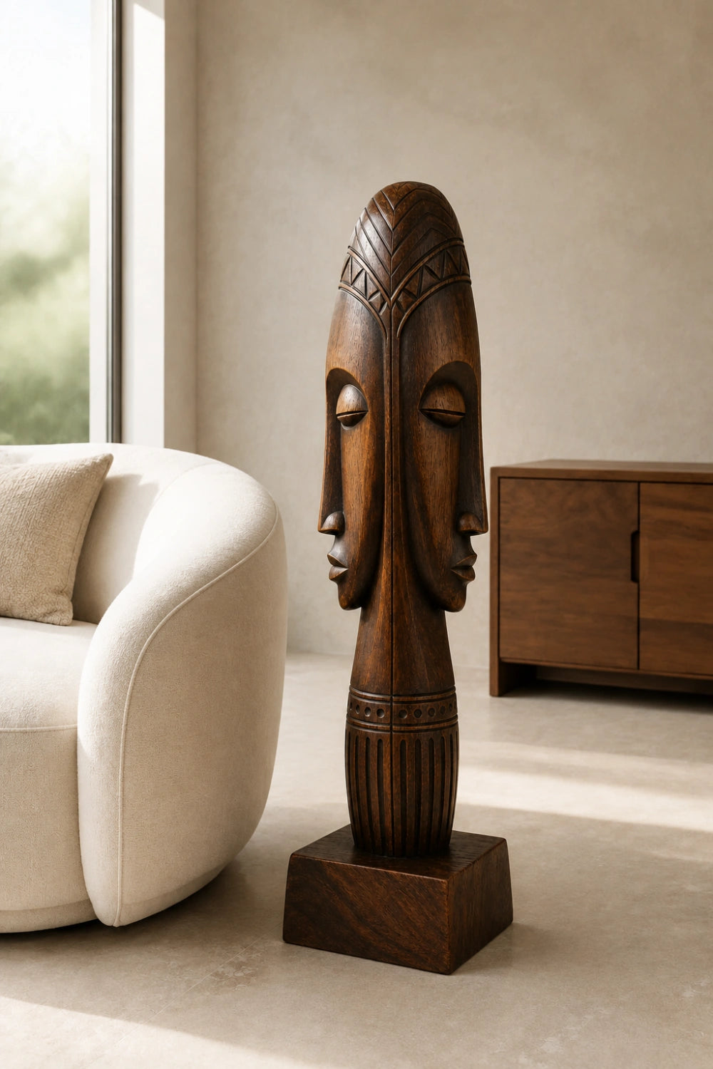 Dual Face Wooden Floor Sculpture | Aesthetic Standing Statue for Living Space