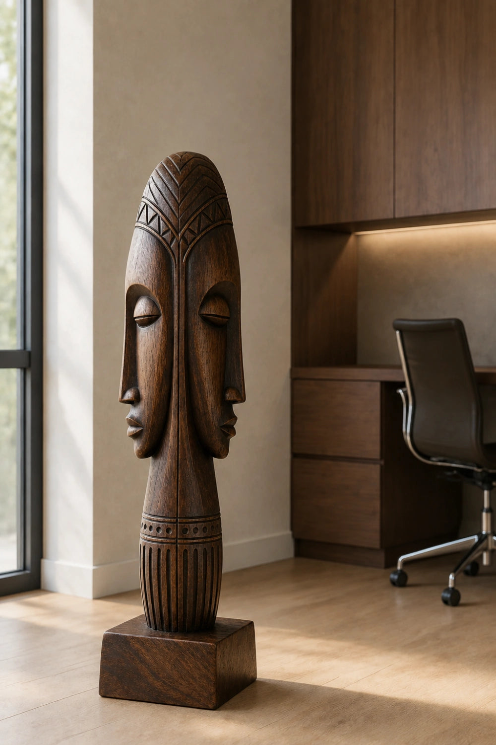 Dual Face Wooden Floor Sculpture | Aesthetic Standing Statue for Living Space