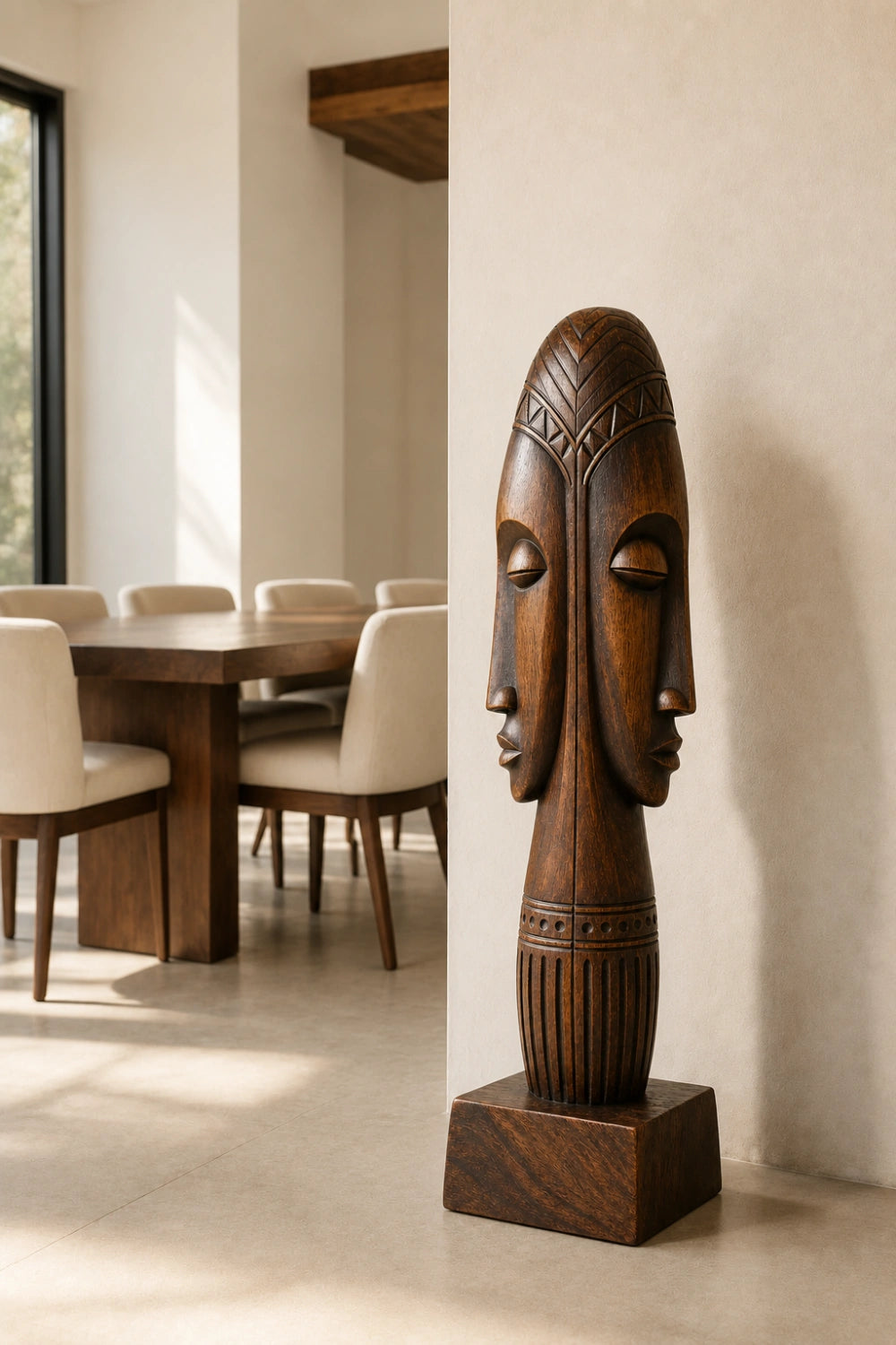 Dual Face Wooden Floor Sculpture | Aesthetic Standing Statue for Living Space