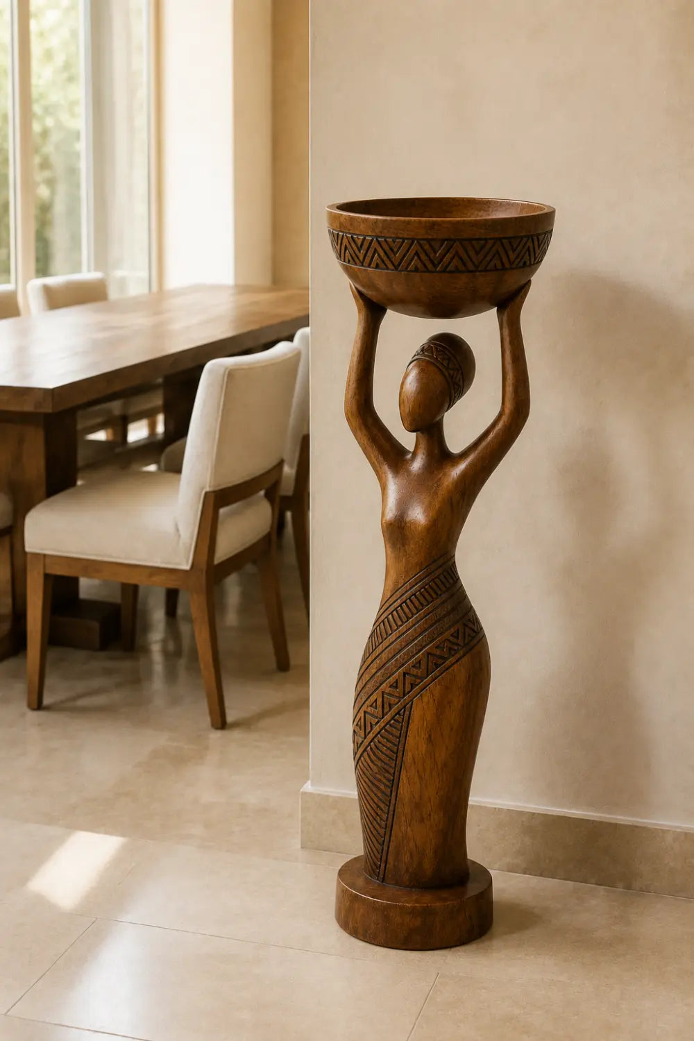 Carved Woman Wood Floor Sculpture | Aesthetic Standing Statue for Living Space