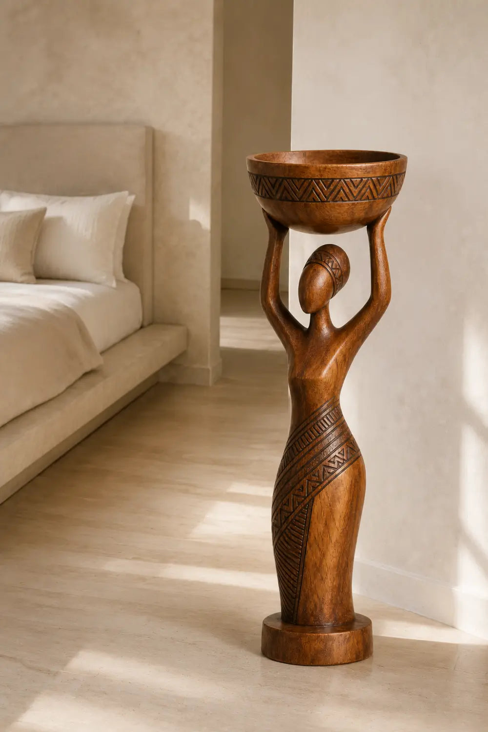 Carved Woman Wood Floor Sculpture | Aesthetic Standing Statue for Living Space
