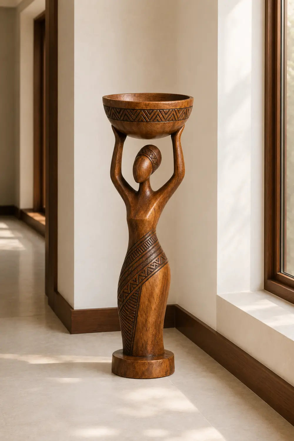 Carved Woman Wood Floor Sculpture | Aesthetic Standing Statue for Living Space