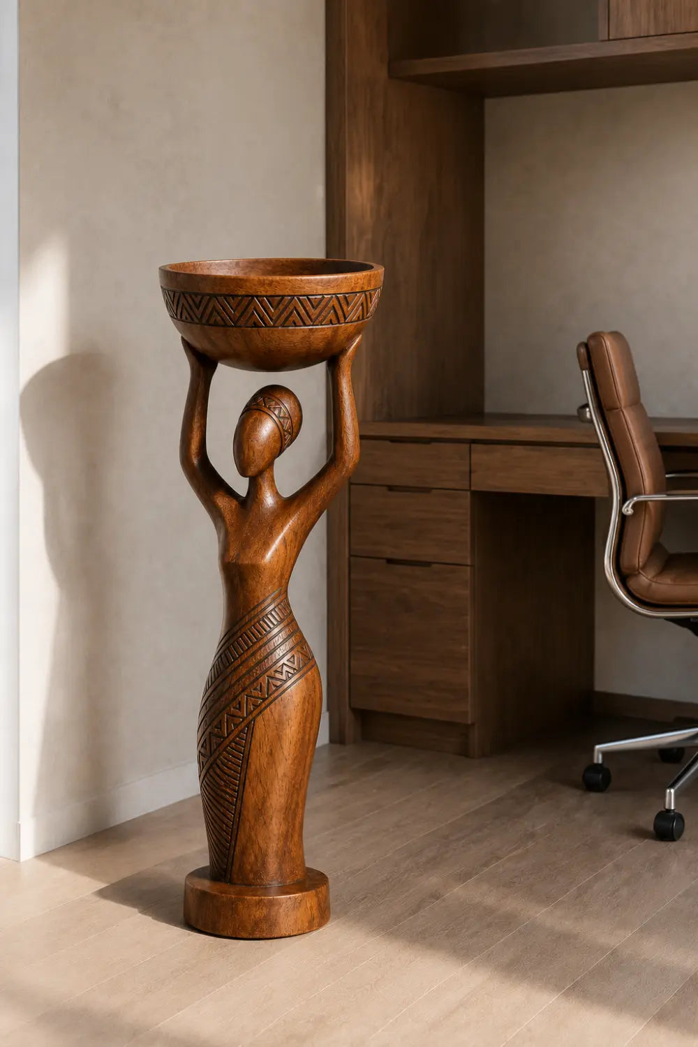 Carved Woman Wood Floor Sculpture | Aesthetic Standing Statue for Living Space
