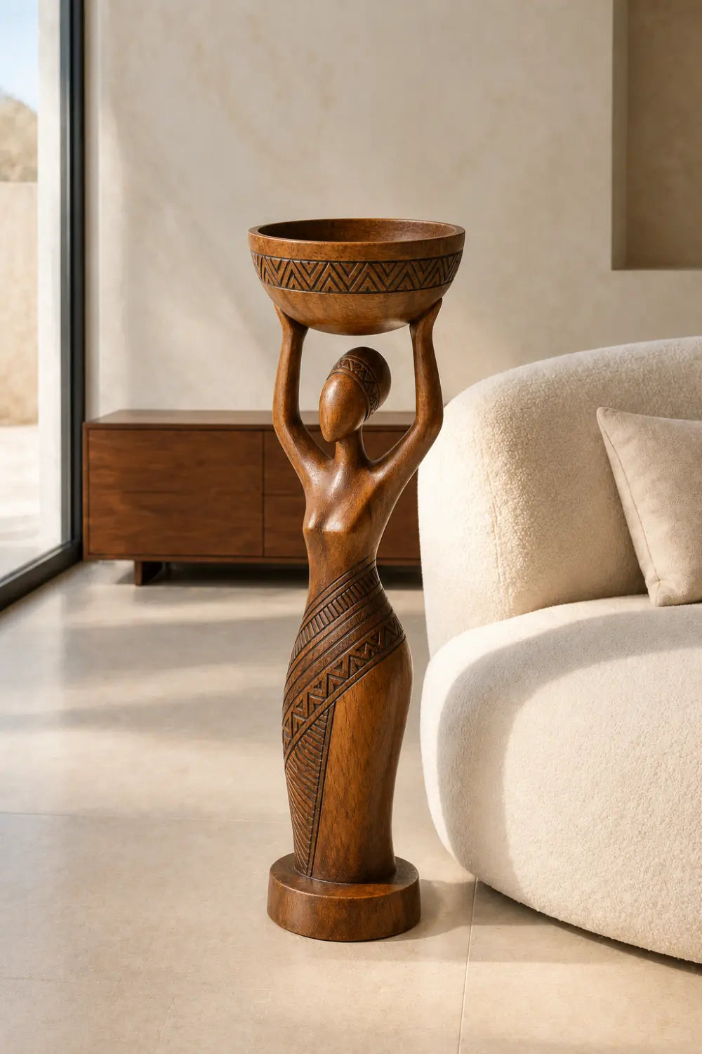 Carved Woman Wood Floor Sculpture | Aesthetic Standing Statue for Living Space