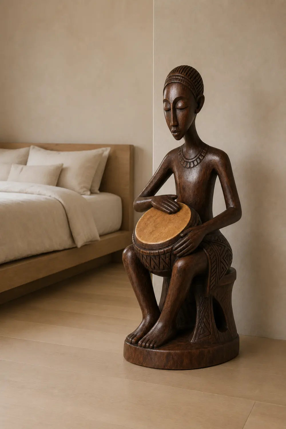 Carved Woman Wood Floor Sculpture | Aesthetic Standing Statue for Living Space
