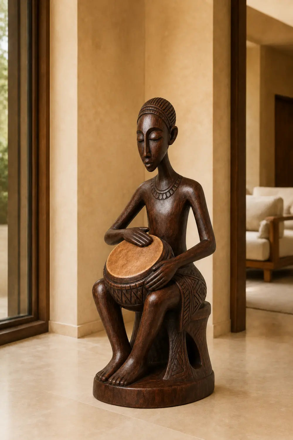 Carved Woman Wood Floor Sculpture | Aesthetic Standing Statue for Living Space