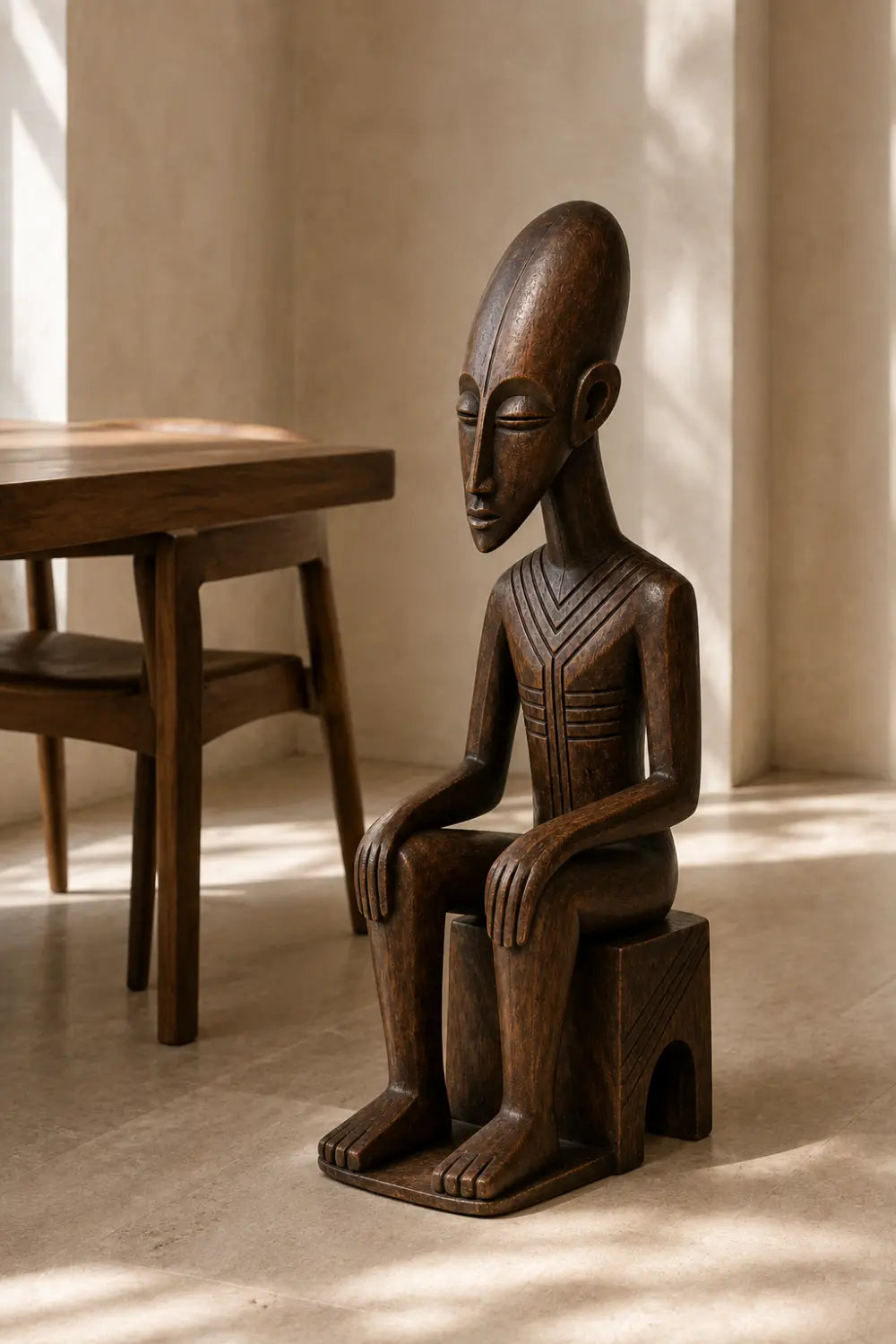Carved Seated Wood Floor Sculpture | Aesthetic Sitting Statue for Living Space