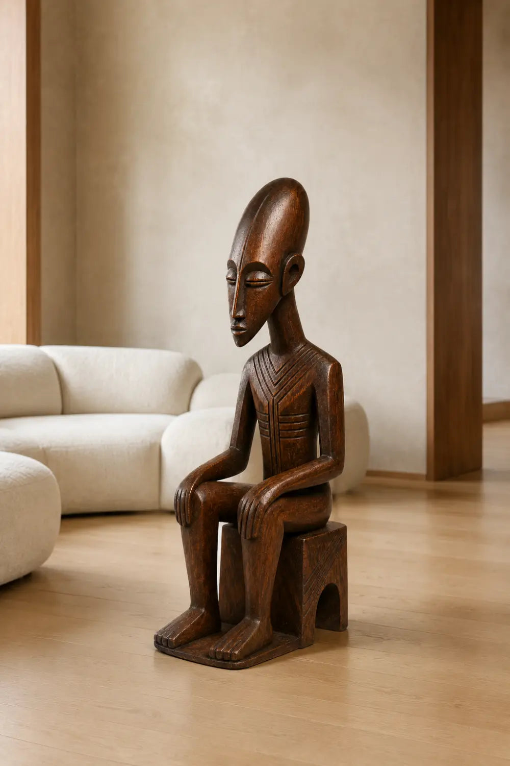 Carved Seated Wood Floor Sculpture | Aesthetic Sitting Statue for Living Space