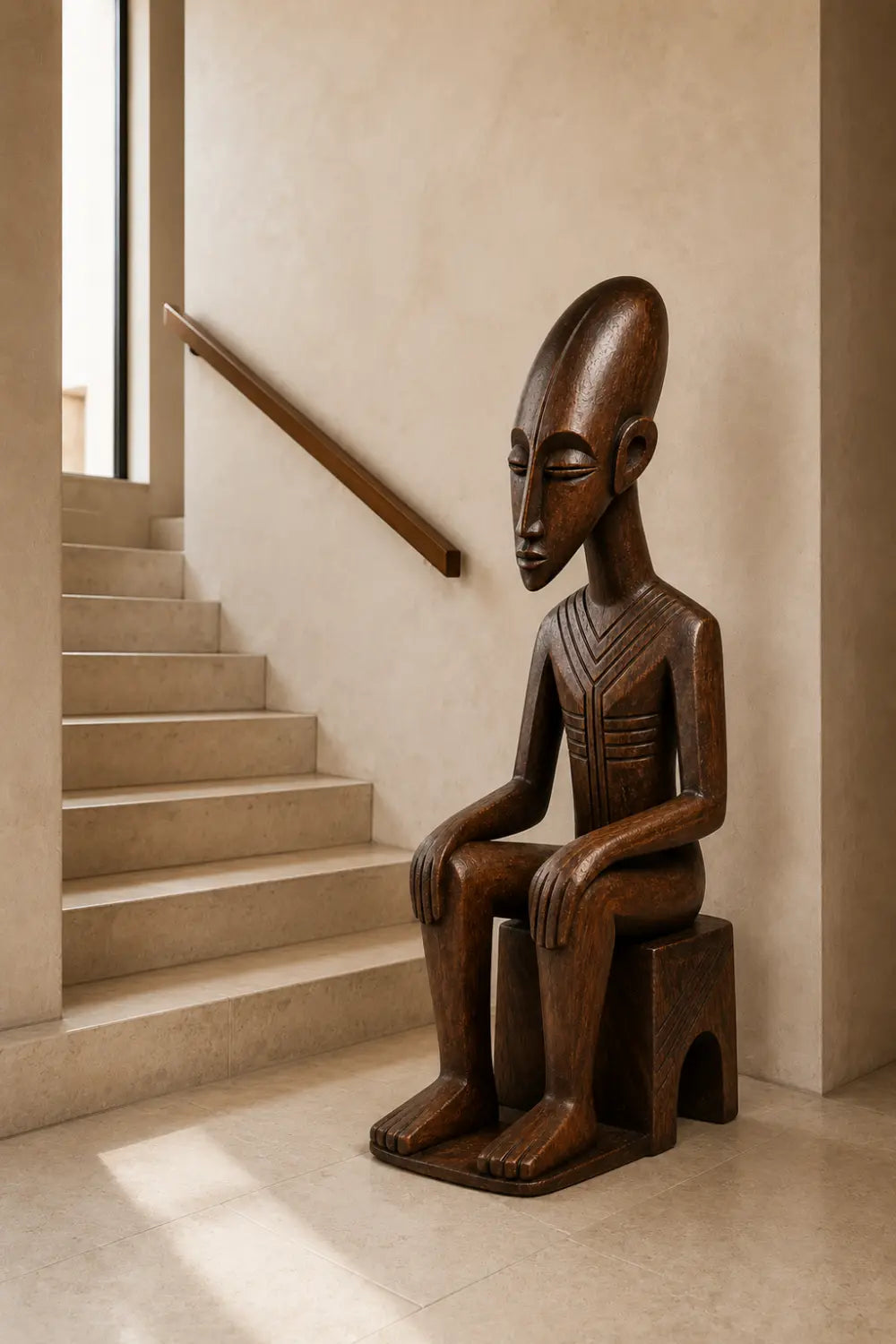 Carved Seated Wood Floor Sculpture | Aesthetic Sitting Statue for Living Space