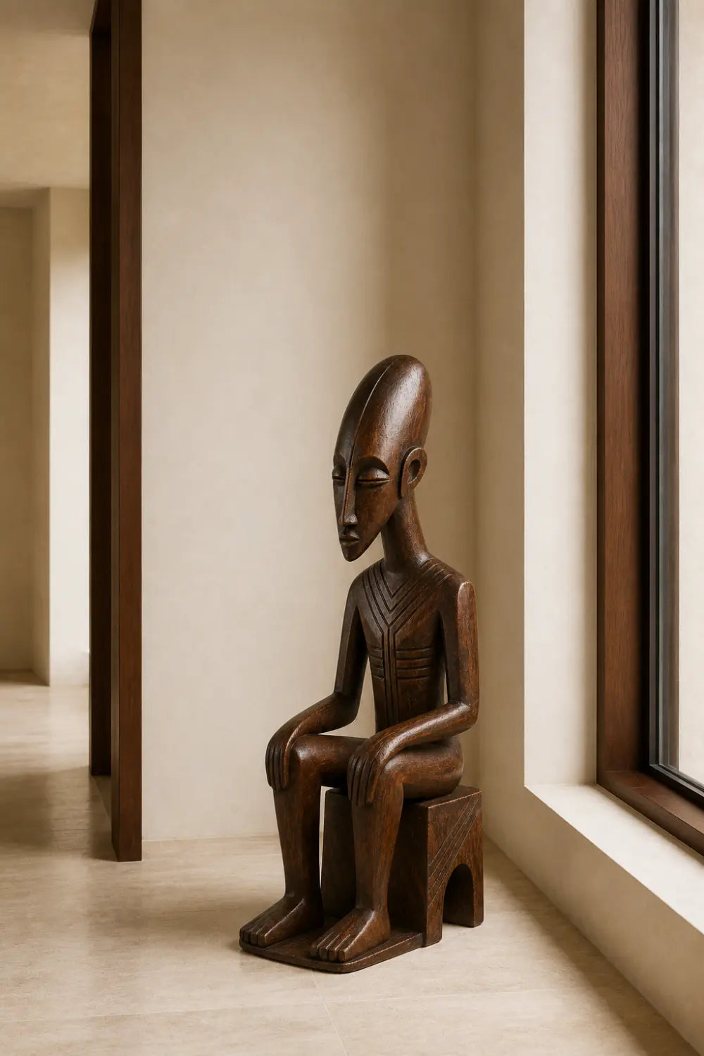 Carved Seated Wood Floor Sculpture | Aesthetic Sitting Statue for Living Space