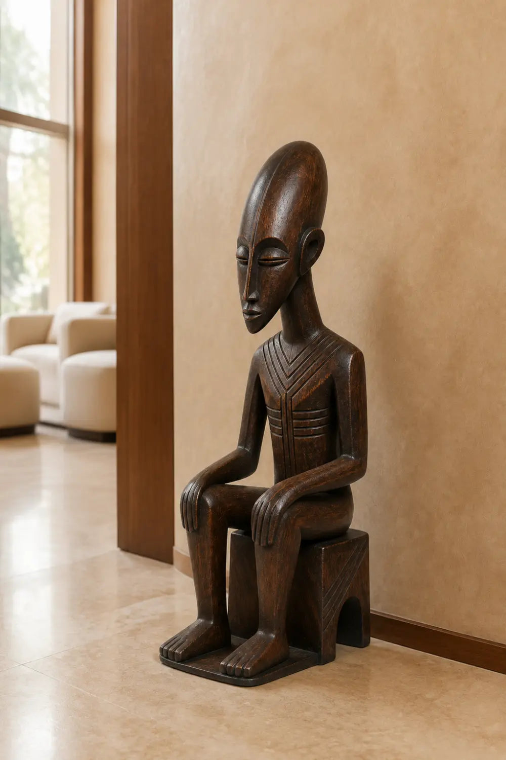 Carved Seated Wood Floor Sculpture | Aesthetic Sitting Statue for Living Space