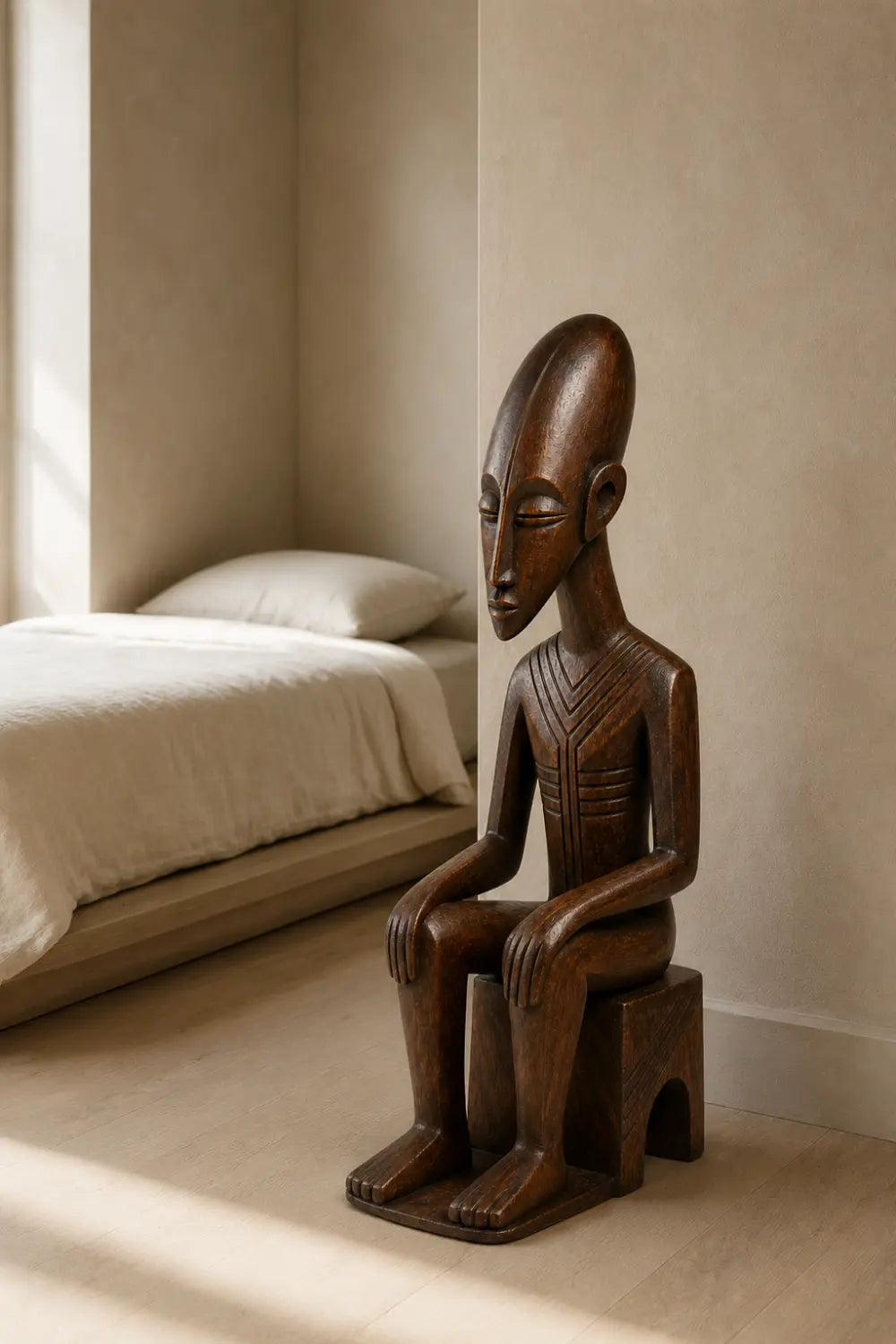 Carved Seated Wood Floor Sculpture | Aesthetic Sitting Statue for Living Space