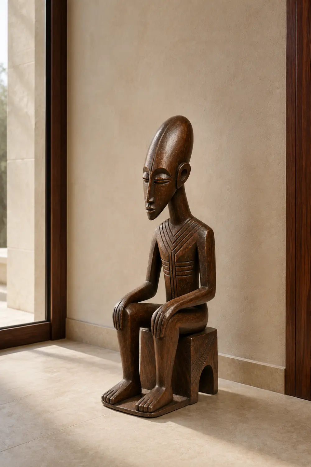 Carved Seated Wood Floor Sculpture | Aesthetic Sitting Statue for Living Space