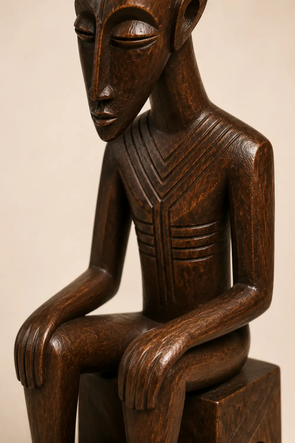 Carved Seated Wood Floor Sculpture | Aesthetic Sitting Statue for Living Space