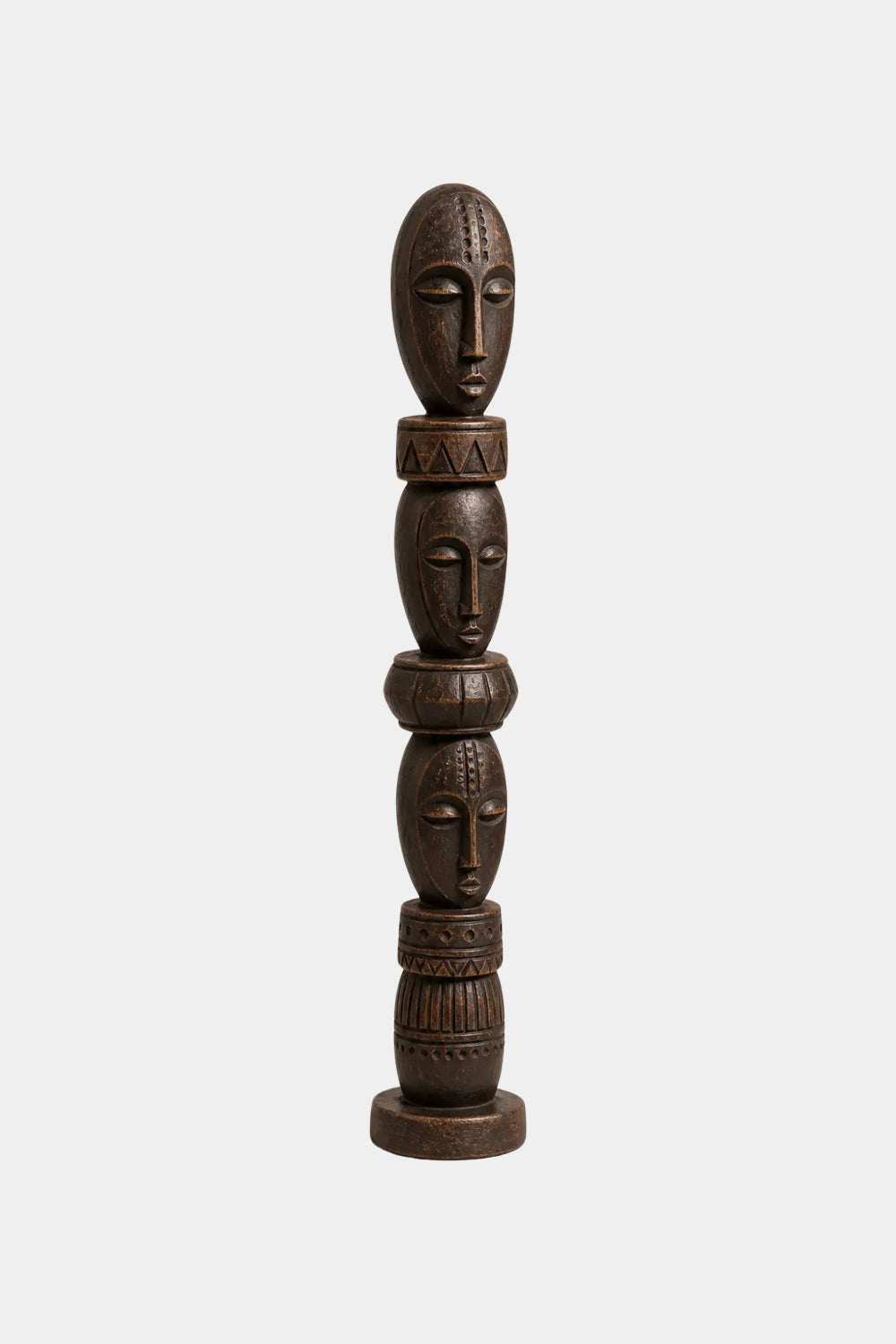Stacked Face Wood Floor Sculpture | Tall Standing Pillar Statue for Living Space