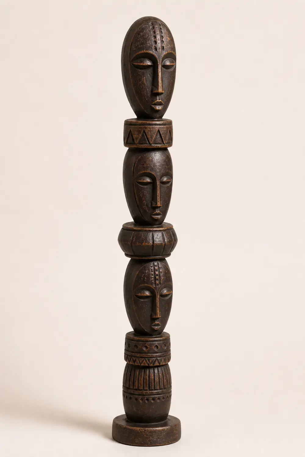 Stacked Face Wood Floor Sculpture | Tall Standing Pillar Statue for Living Space