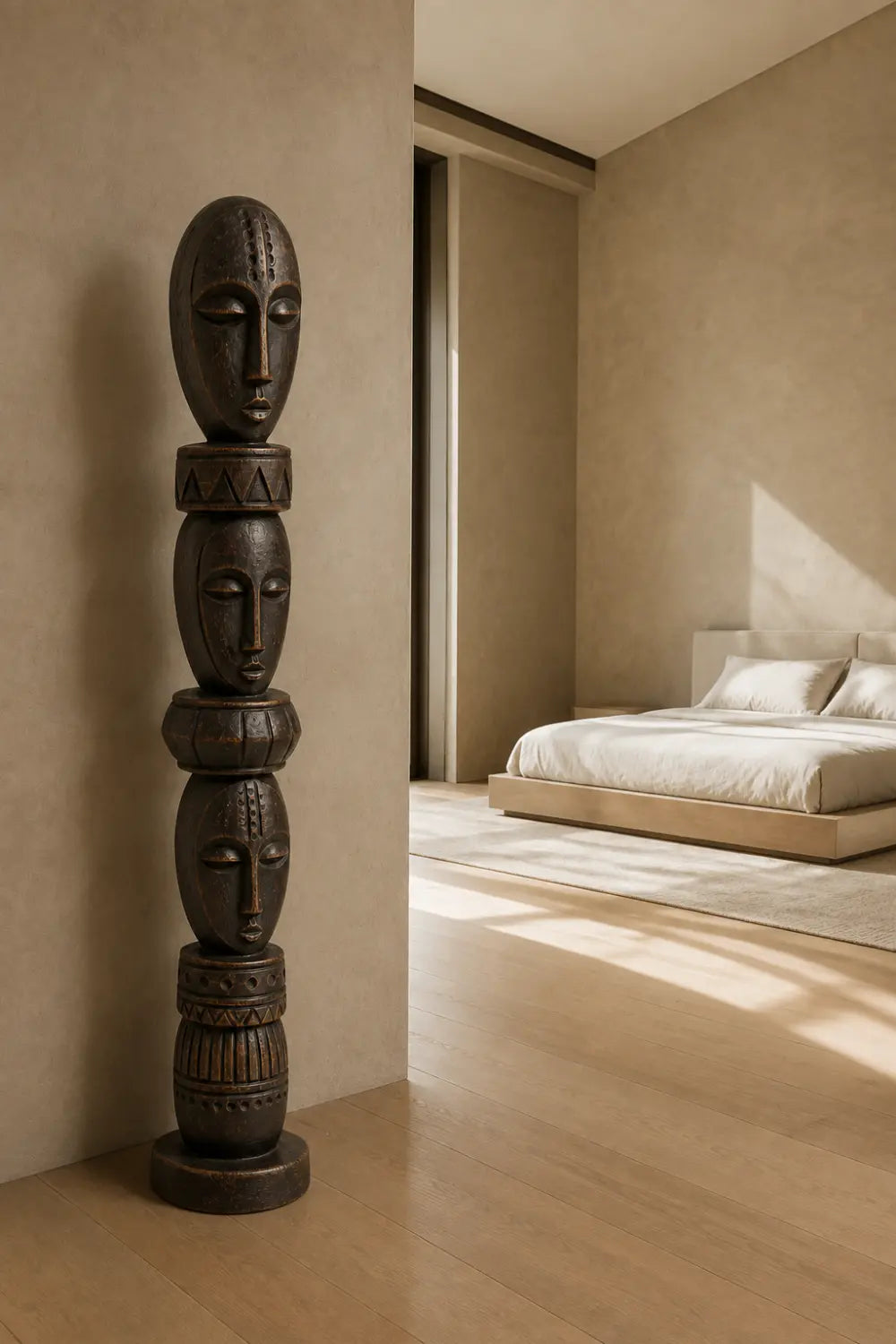 Stacked Face Wood Floor Sculpture | Tall Standing Pillar Statue for Living Space
