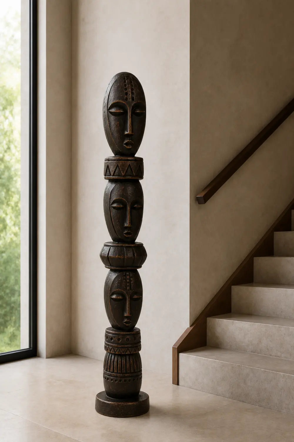 Stacked Face Wood Floor Sculpture | Tall Standing Pillar Statue for Living Space