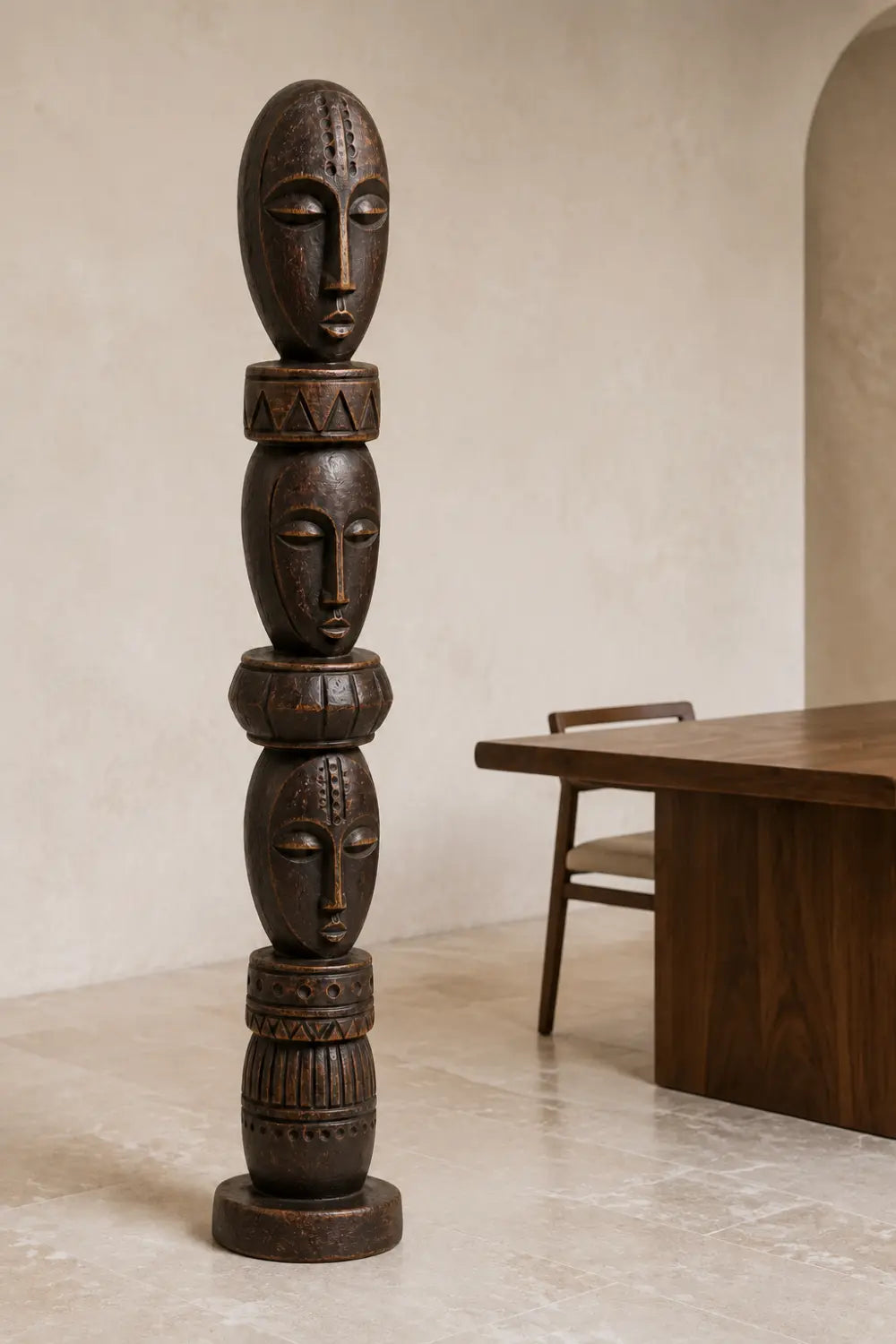 Stacked Face Wood Floor Sculpture | Tall Standing Pillar Statue for Living Space