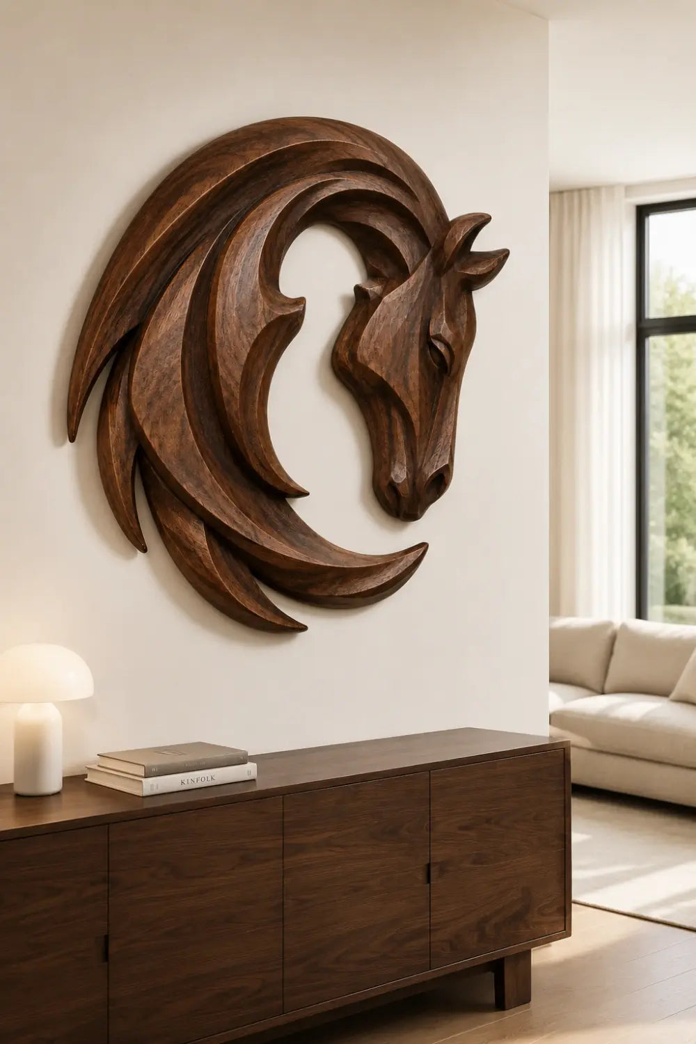 Crescent Wooden Horse Head Wall Relief | Carved Animal Art