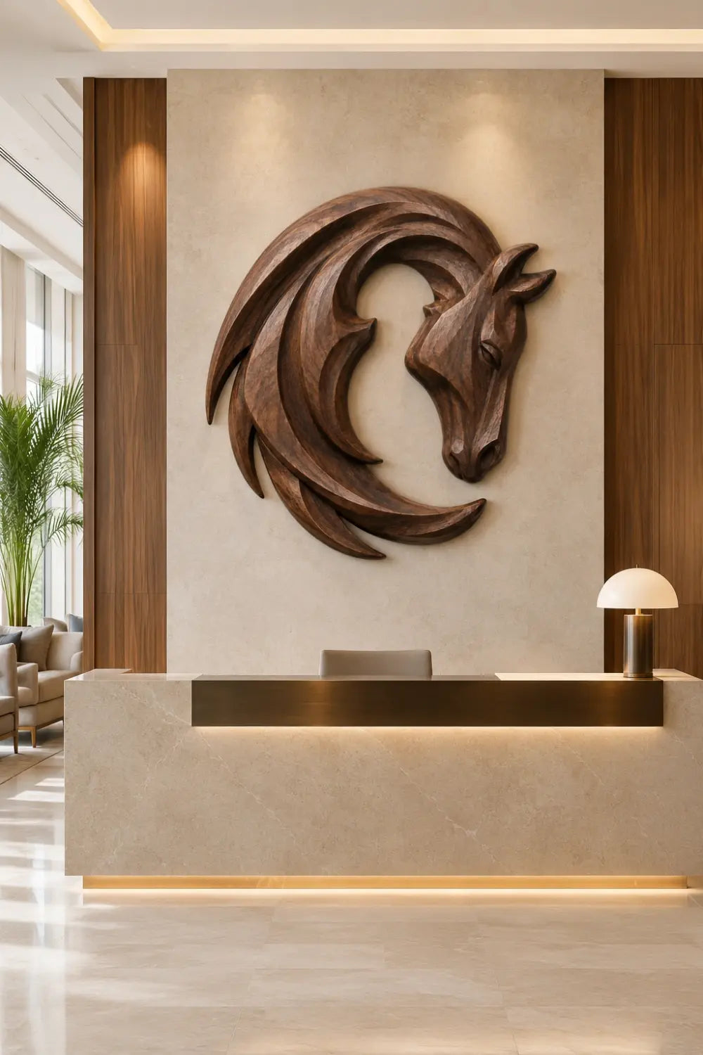 Crescent Wooden Horse Head Wall Relief | Carved Animal Art
