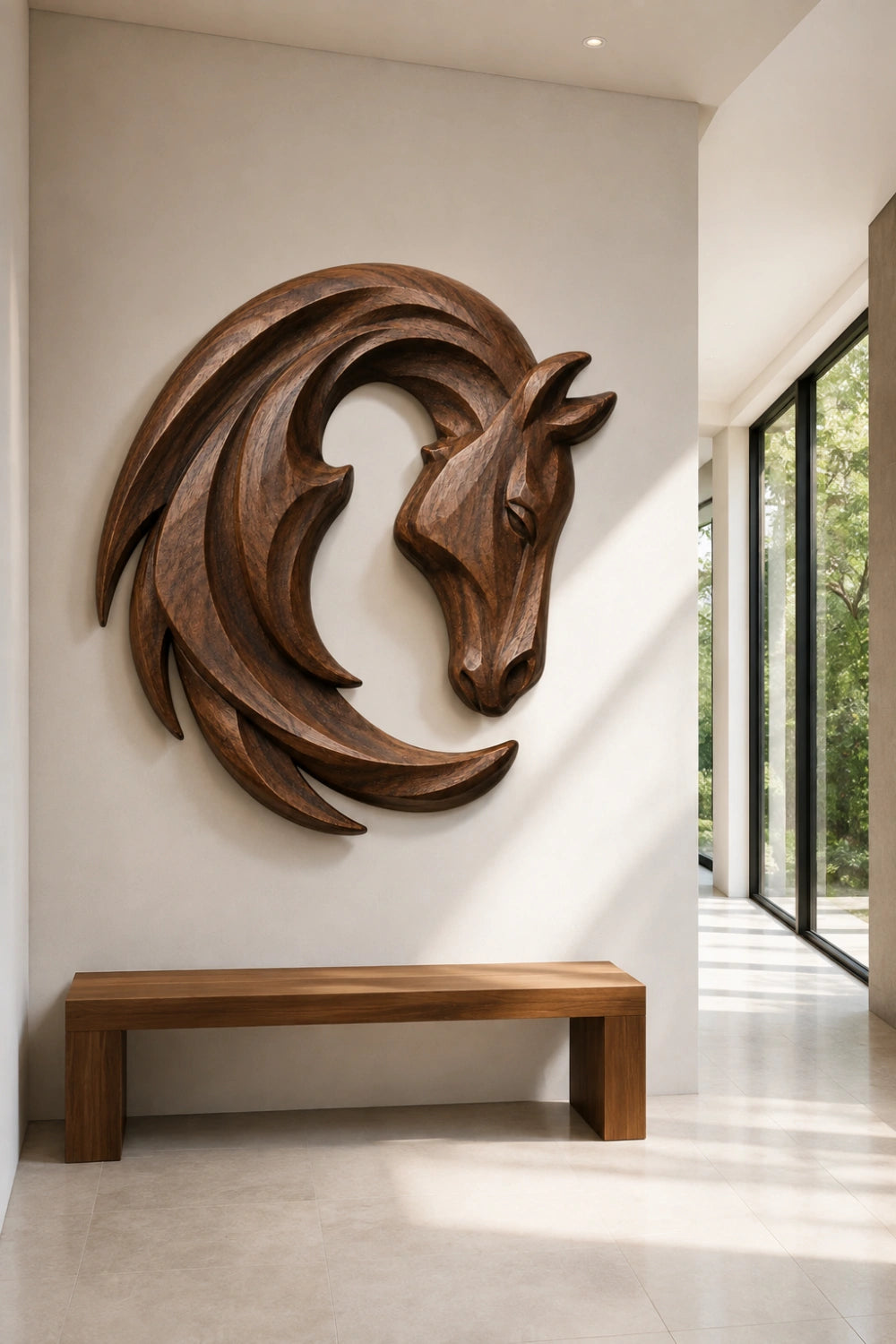 Crescent Wooden Horse Head Wall Relief | Carved Animal Art