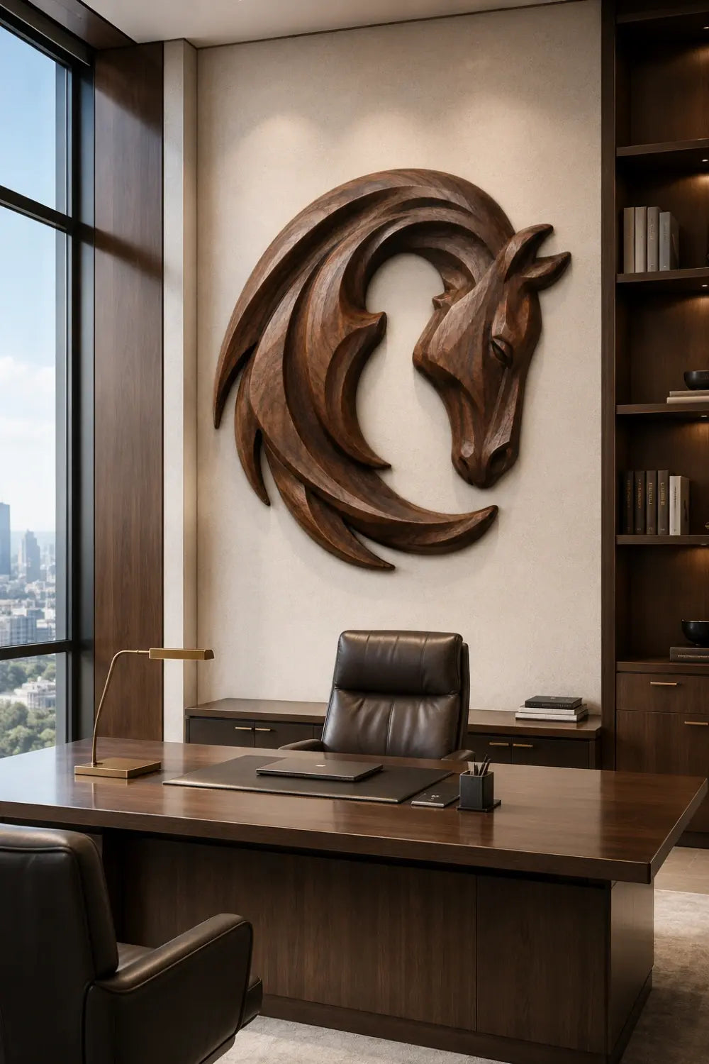 Crescent Wooden Horse Head Wall Relief | Carved Animal Art