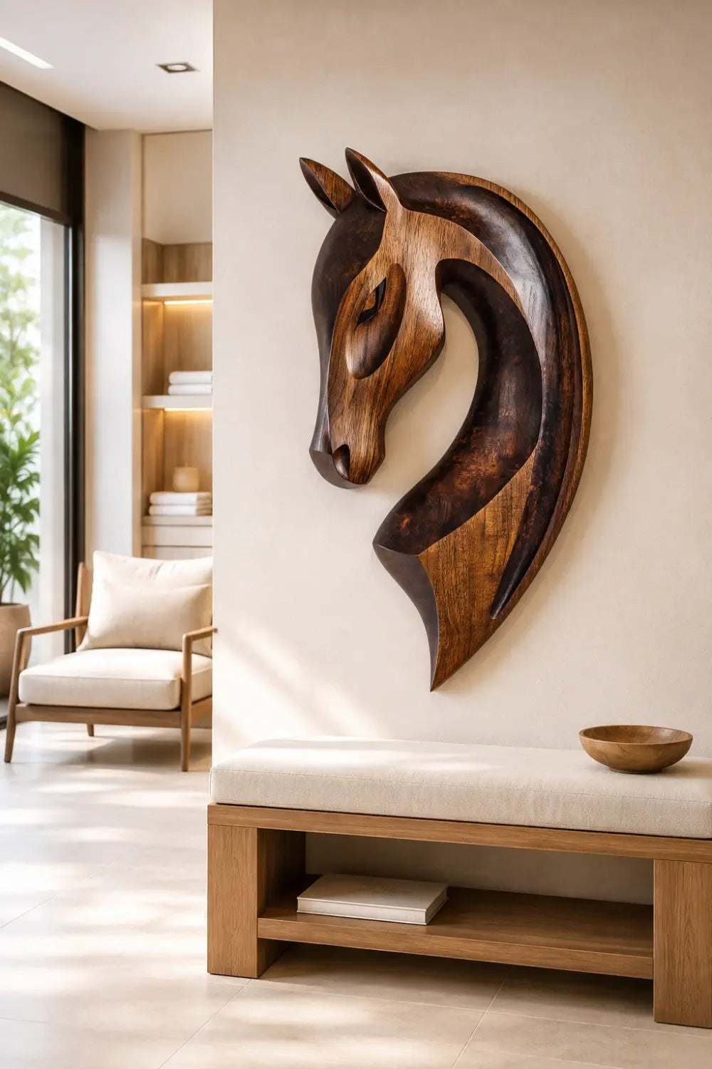 Hand Carved Wooden Horse Head Relief Wall Art Abstract Animal Decor