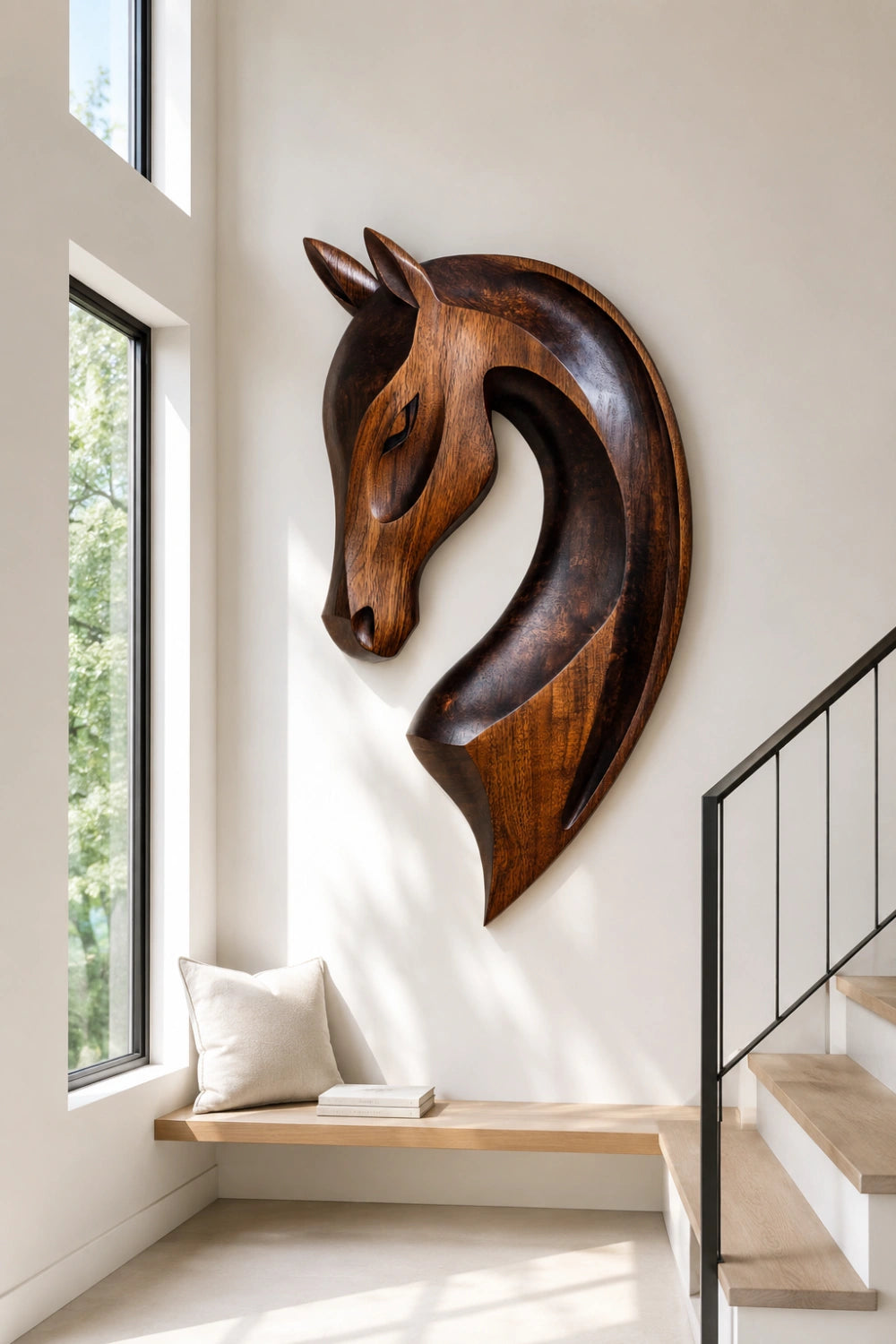 Hand Carved Wooden Horse Head Relief Wall Art Abstract Animal Decor