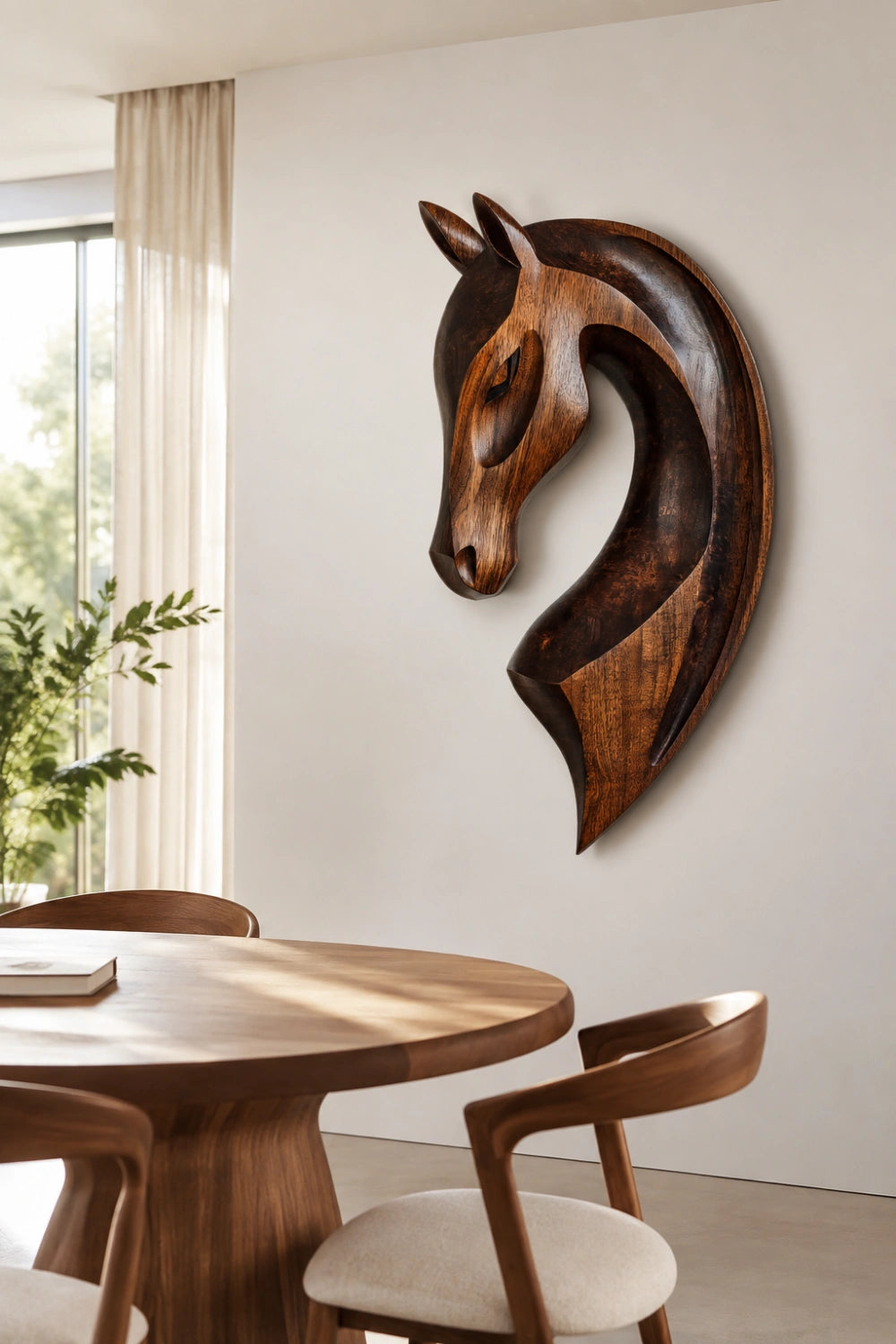 Hand Carved Wooden Horse Head Relief Wall Art Abstract Animal Decor