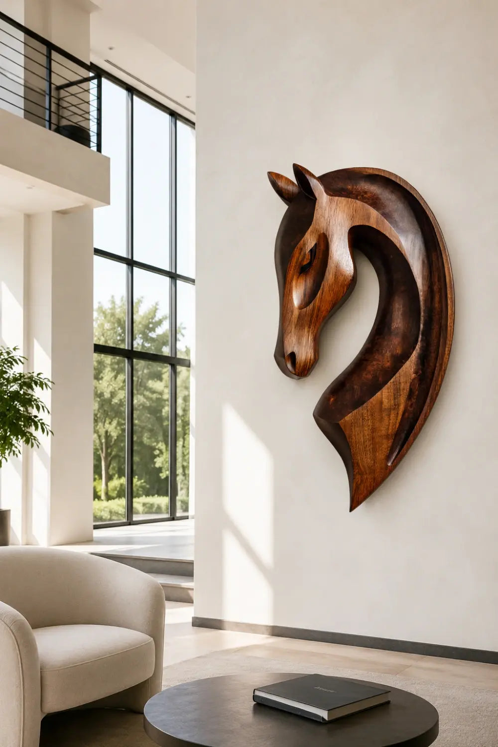 Hand Carved Wooden Horse Head Relief Wall Art Abstract Animal Decor
