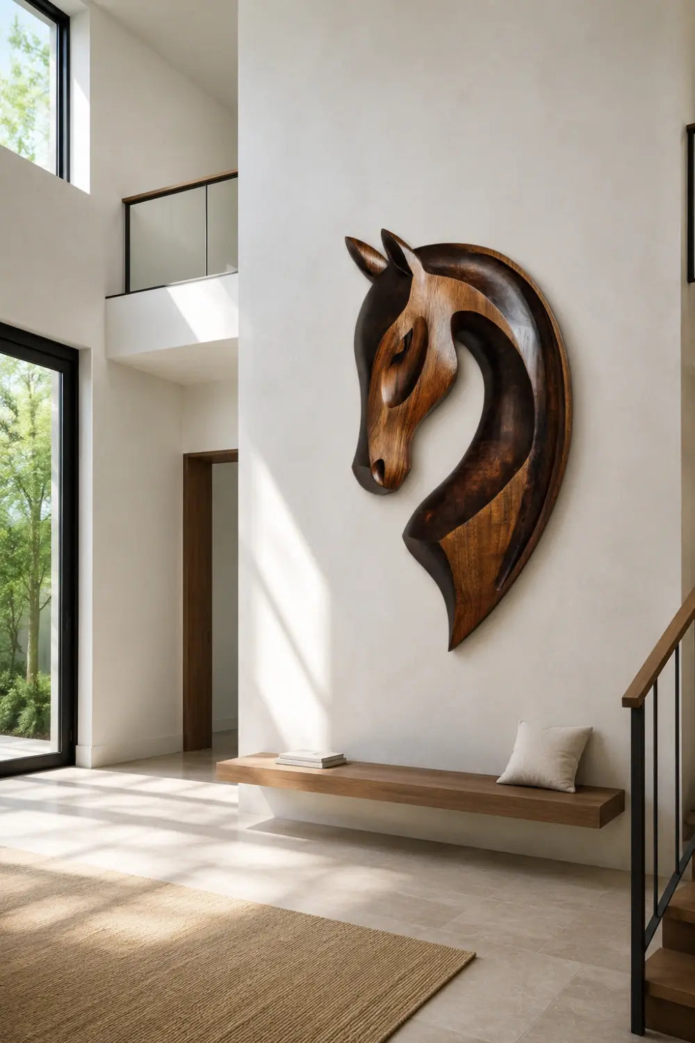 Hand Carved Wooden Horse Head Relief Wall Art Abstract Animal Decor