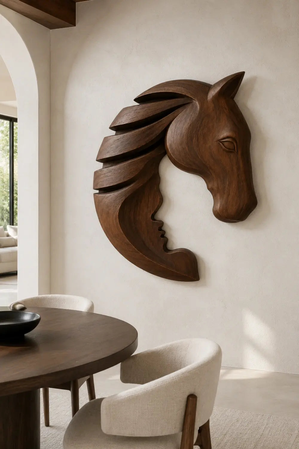 Wooden Horse & Human Profile Wall Relief | Optical Illusion Art