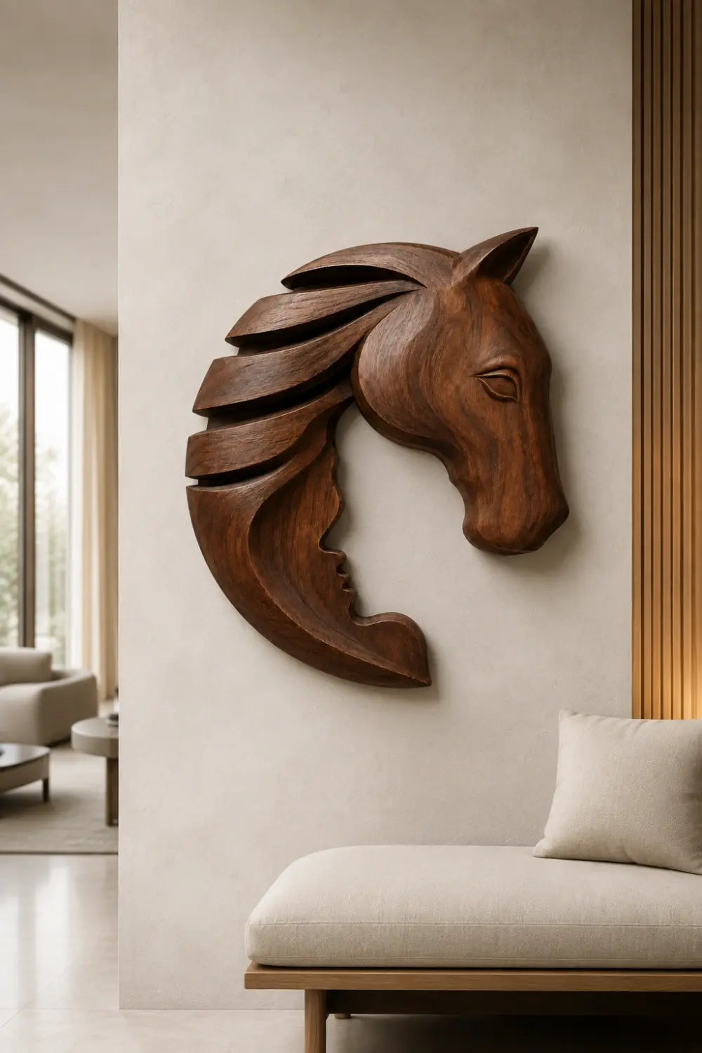 Wooden Horse & Human Profile Wall Relief | Optical Illusion Art