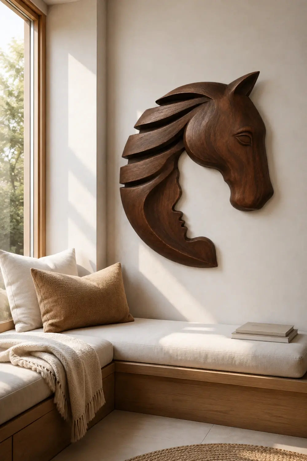 Wooden Horse & Human Profile Wall Relief | Optical Illusion Art