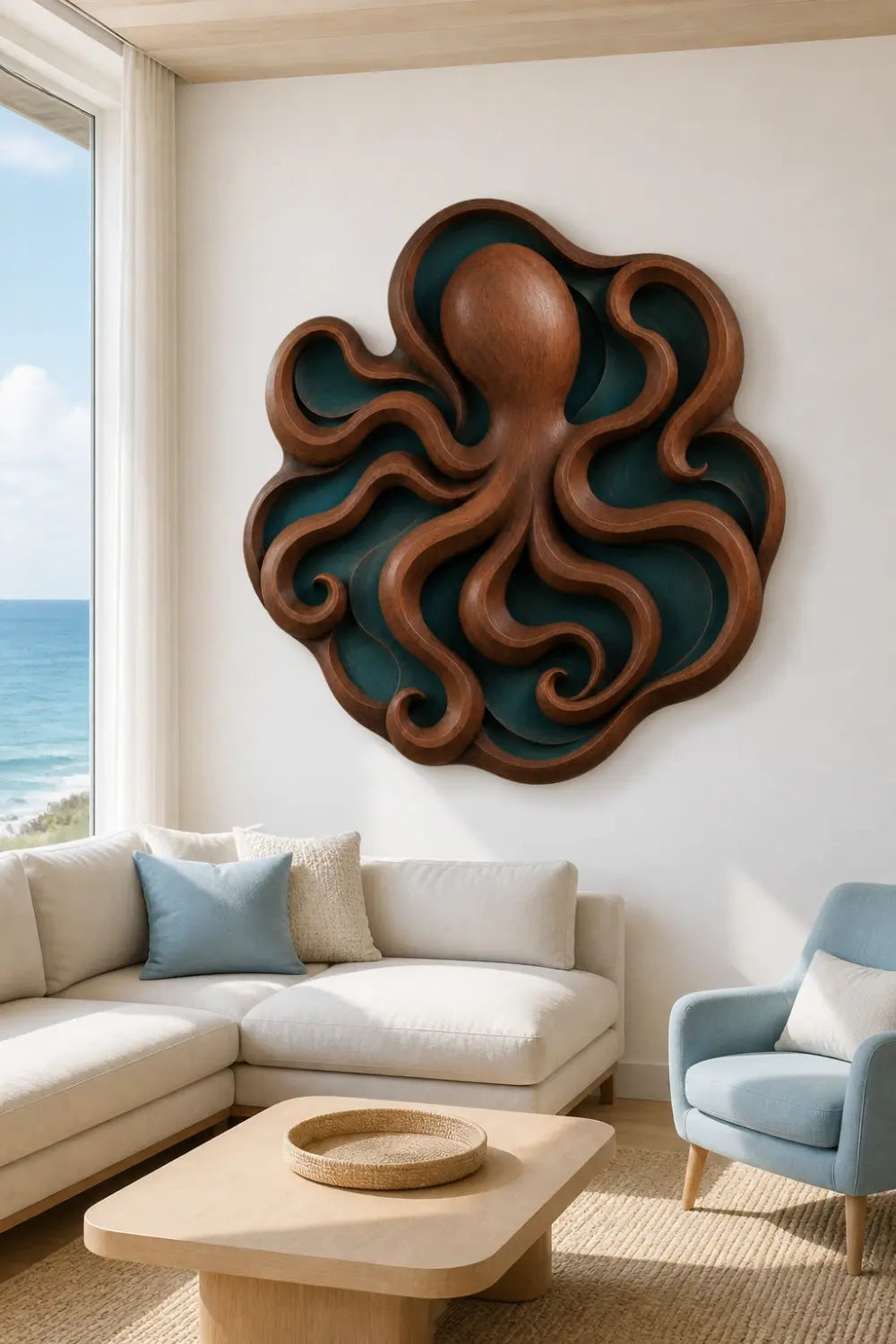Carved Wood Octopus Relief | Ocean Marine Plaque | Coastal Nautical Decor