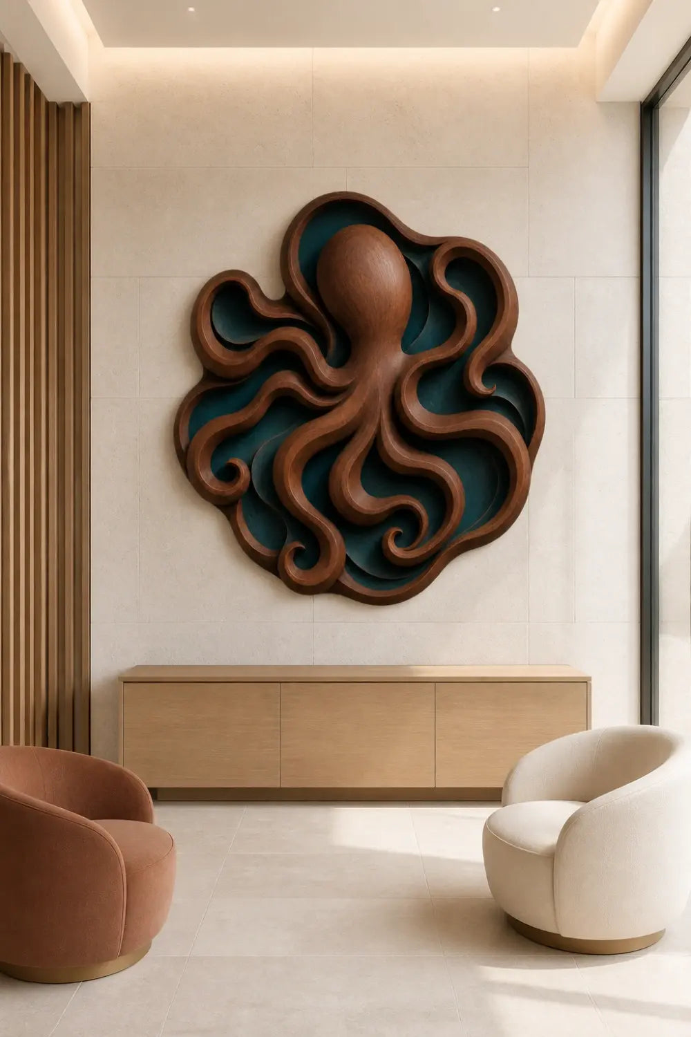Carved Wood Octopus Relief | Ocean Marine Plaque | Coastal Nautical Decor