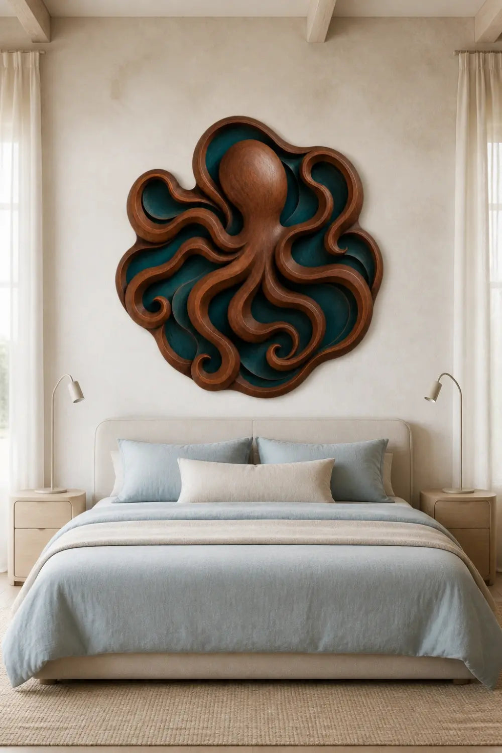 Carved Wood Octopus Relief | Ocean Marine Plaque | Coastal Nautical Decor