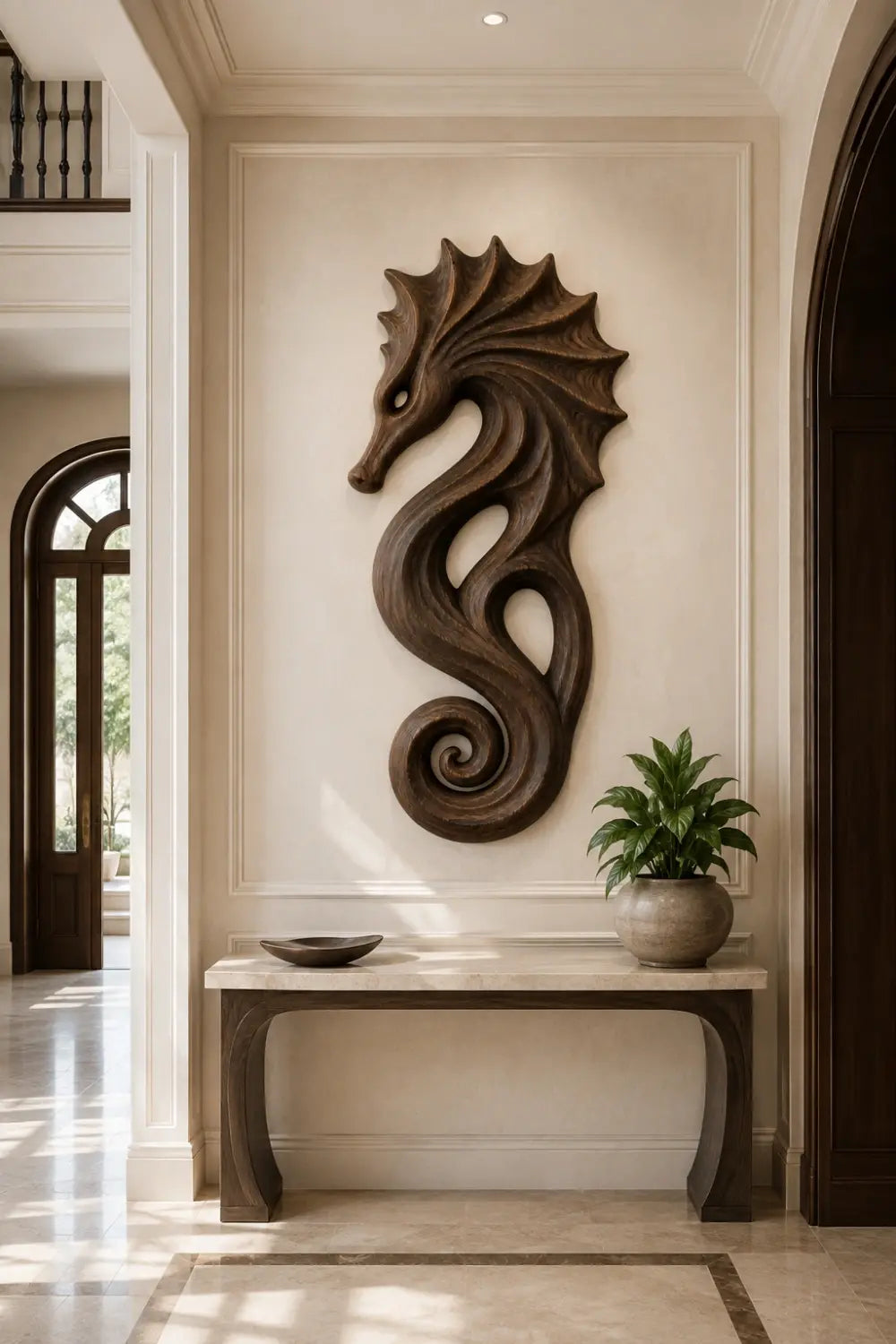 Carved Wooden Seahorse Wall Decor | Coastal Nautical Marine Art Sculpture