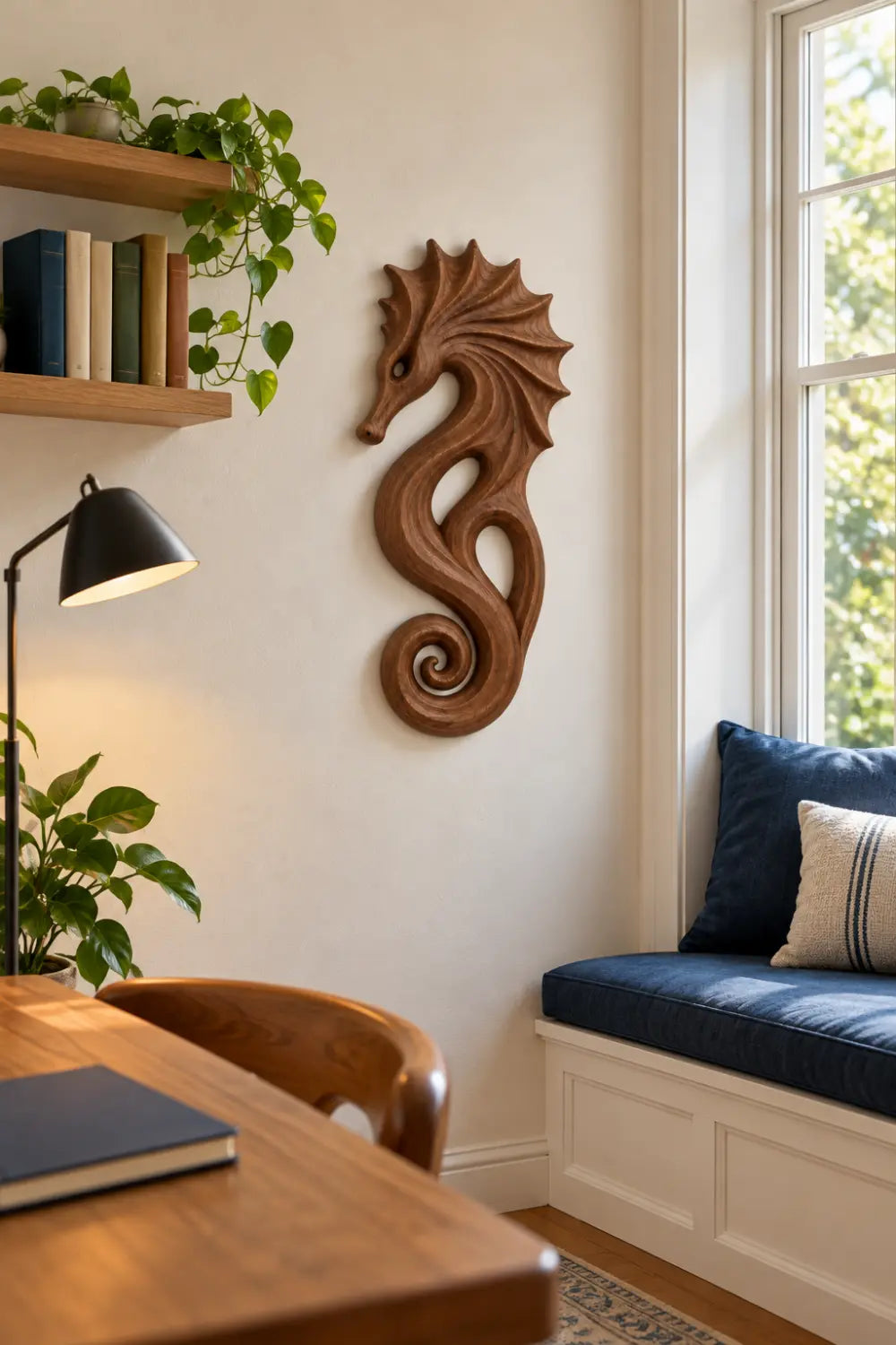 Carved Wooden Seahorse Wall Decor | Coastal Nautical Marine Art Sculpture