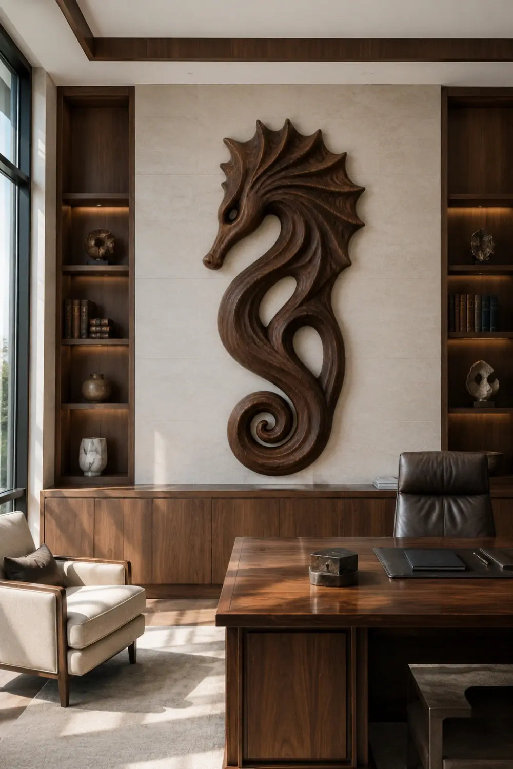 Carved Wooden Seahorse Wall Decor | Coastal Nautical Marine Art Sculpture