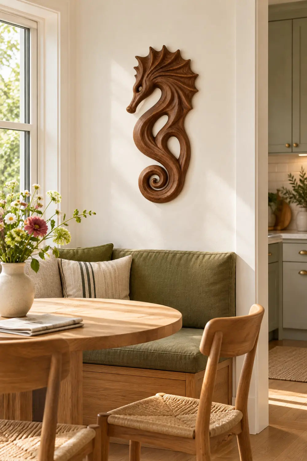 Carved Wooden Seahorse Wall Decor | Coastal Nautical Marine Art Sculpture
