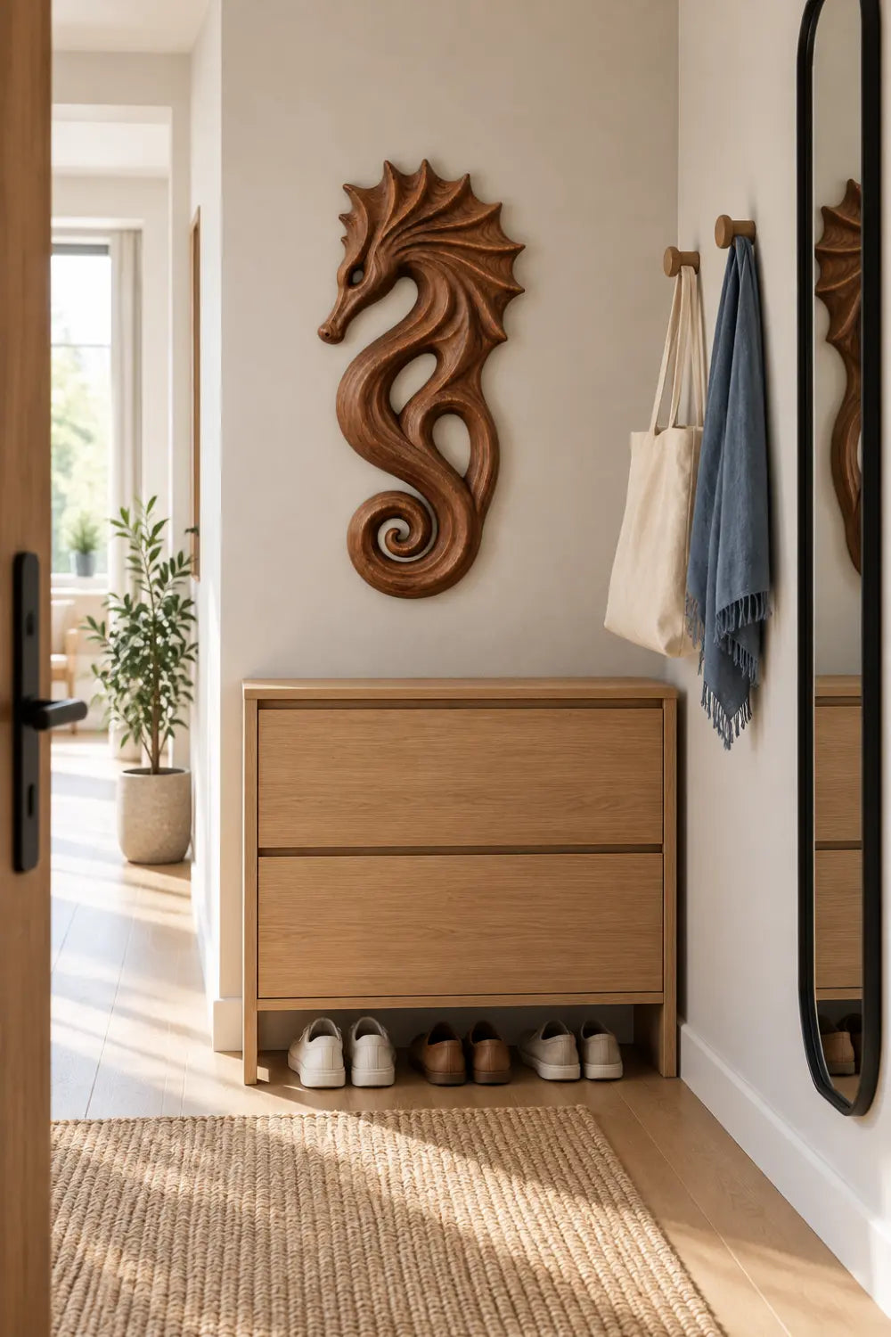 Carved Wooden Seahorse Wall Decor | Coastal Nautical Marine Art Sculpture