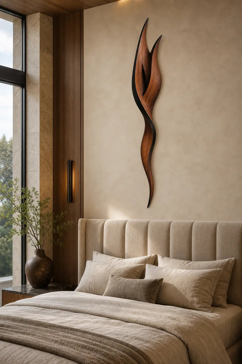 Abstract Wood Wall Sculpture | 3D Minimalist Wooden Wall Art | Elegant Vertical Accent