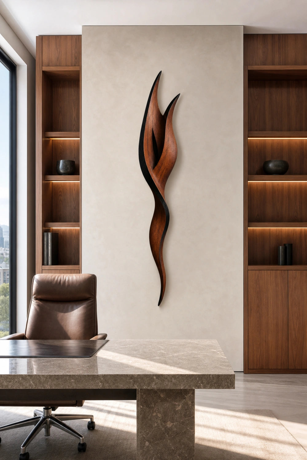 Abstract Wood Wall Sculpture | 3D Minimalist Wooden Wall Art | Elegant Vertical Accent