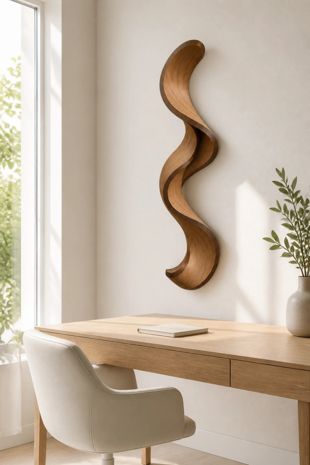 Japandi Wood Ribbon Wall Sculpture | Minimalist Serpentine Wall Art | Flowing Vertical Wave