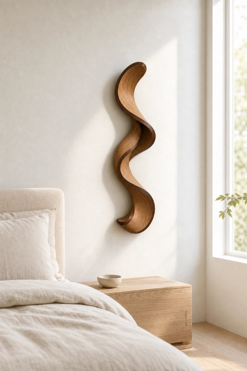 Japandi Wood Ribbon Wall Sculpture | Minimalist Serpentine Wall Art | Flowing Vertical Wave