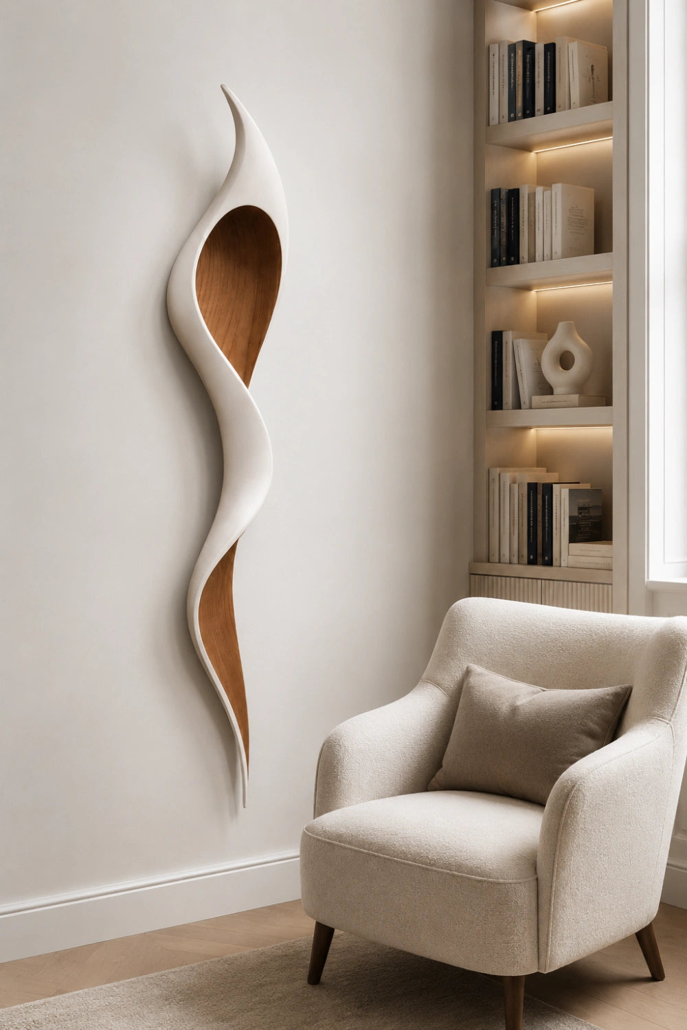 Minimalist White Oak Wall Sculpture | Modern Organic Curved Wall Art | Chic Hanging Plaque