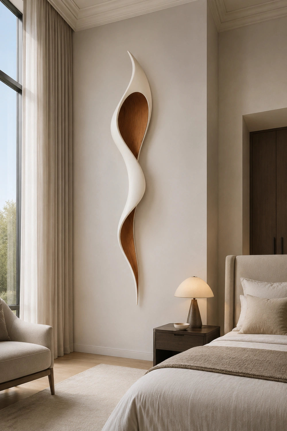 Minimalist White Oak Wall Sculpture | Modern Organic Curved Wall Art | Chic Hanging Plaque