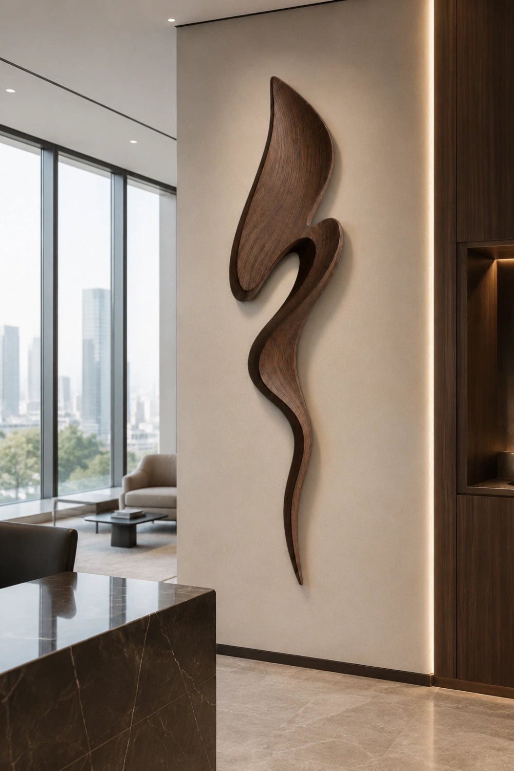 Contemporary Walnut Wall Sculpture | Architectural Fluid Wood Decor | Luxury Accent Plaque